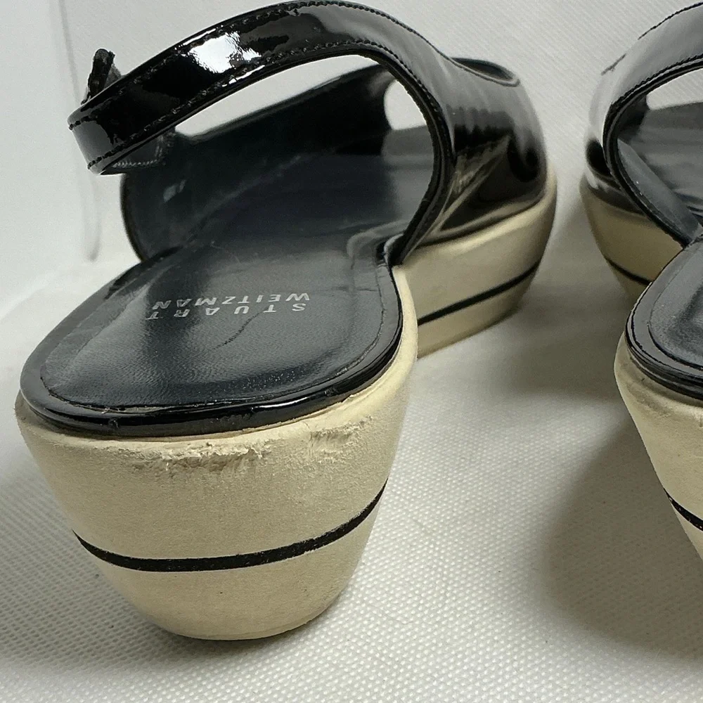 Stuart Weitzman Black Patent Platform Wedge Slingback Sandals Size 9 - Picture 10 of 15